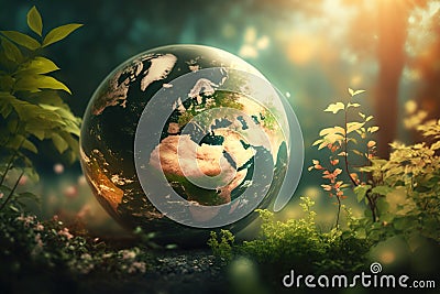 Miniature planet Earth with trees, fauna. Concept for Earth Day. AI generated Stock Photo