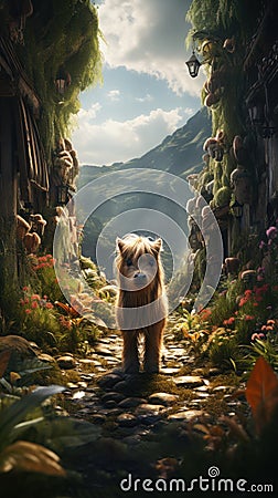 Miniature pony adventure! a magical journey beyond size. Created with Generative AI Stock Photo