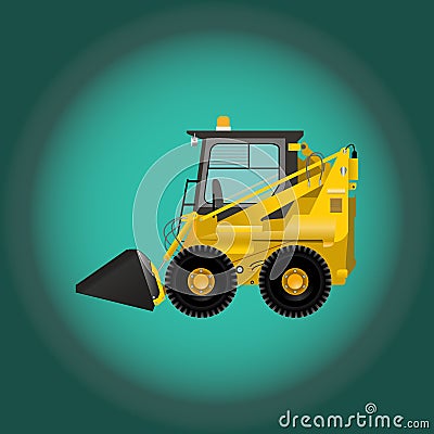 Miniature and realistic flat tractor icon with a bucket. Construction machinery, equipment Vector Illustration