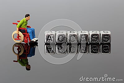 Miniature scale model man in a wheelchair with the word access on beads Stock Photo