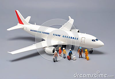 Miniature scale people figures passengers boarding a plane. Ideal for transportation concepts, model scenes, and travel designs Stock Photo