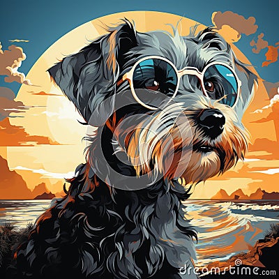 Miniature Schnauzer In Sunglasses: Playful Dog Art On The Beach Stock Photo