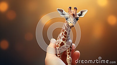 Miniature Sculpture Of A Dreamy Giraffe In Hand - Photorealistic Art Stock Photo