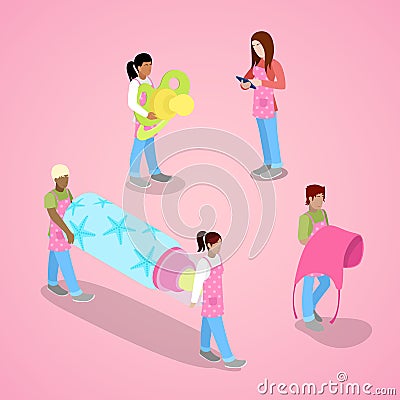 Miniature Seller in Children Shop with Bottle and Pacifier. Isometric flat illustration Vector Illustration