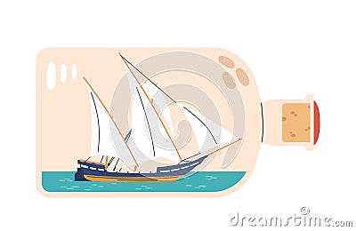 Miniature Ship or Yacht Within Bottle Represent Detailed, Tiny Vector Replica, Displaying Exceptional Skill Vector Illustration