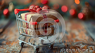 Miniature Shopping Cart With Wrapped Presents Stock Photo