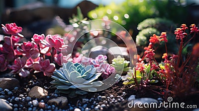 Colorful miniature succulent cacti garden. Close-up garden of miniature cactus in blurred background. AI generated. Cartoon Illustration