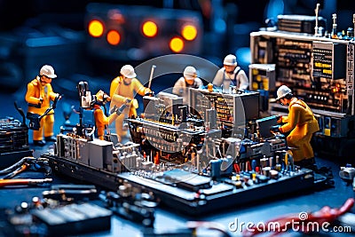 Miniature technicians working on a computer circuit board Stock Photo