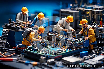 Miniature technicians working on a computer circuit board Stock Photo