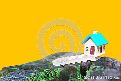 Miniature Toy House on a Tree Stump with a Bold Yellow Backdrop Stock Photo