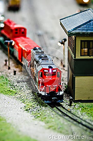 Miniature toy model train locomotives on display Stock Photo
