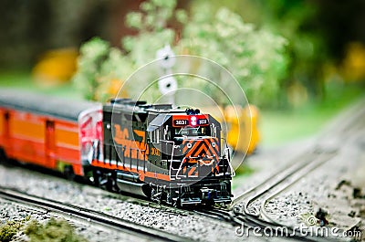 Miniature toy model train locomotives on display Stock Photo