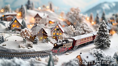 Miniature Toy Winter Landscape with Locomotive Stock Photo