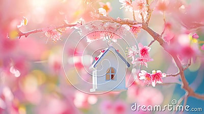 Miniature white house hangs on a blooming pink tree on a sunny day. Real estate and mortgage concept. Affordable Housing Stock Photo