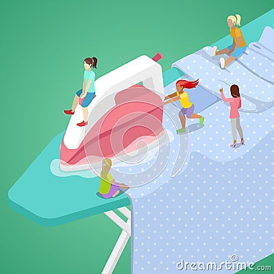 Miniature Women Ironing Clothes Vector Illustration