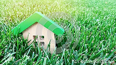 Miniature wooden house on grass. Real estate concept. Eco-friendly and energy efficient house. Buying a home outside the city. The Stock Photo