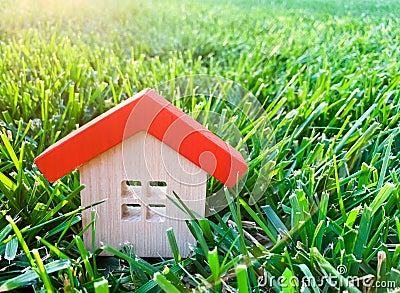 Miniature wooden house on grass. Real estate concept. Eco-friendly and energy efficient house. Buying a home outside the city. The Stock Photo