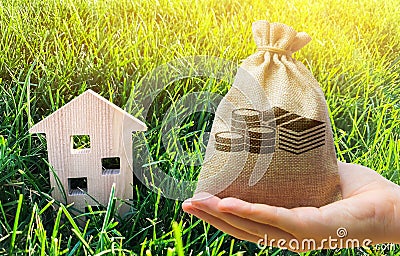 Miniature wooden house and money bag on grass. Real estate concept. Eco-friendly and energy efficient house. Buying a home outside Stock Photo