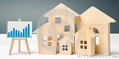 Miniature wooden houses and chart. Real estate. City. Agglomeration and urbanization. Real Estate Market Analytics. Demand for Stock Photo