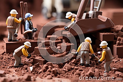 Miniature Builders at the Chocolate Block Site. Generative Ai Stock Photo