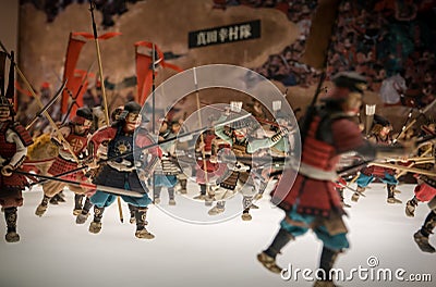 Miniatures of traditional Japanese soldiers in Osaka Castle. Editorial Stock Photo