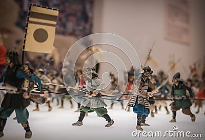 Miniatures of traditional Japanese soldiers in Osaka Castle. Editorial Stock Photo