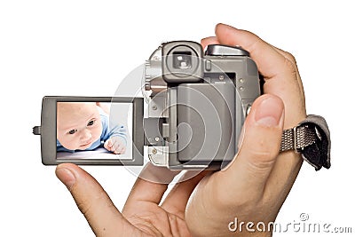 MiniDv camera in man hands Stock Photo