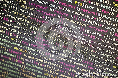 Minificated javascript code. Computer programming source code abstract screen of web developer. Digital technology modern backgrou Stock Photo