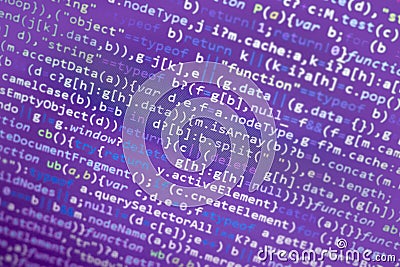 Minificated javascript code. Computer programming source code abstract screen of web developer. Digital technology modern backgrou Stock Photo