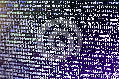 Minificated javascript code. Computer programming source code abstract screen of web developer. Digital technology modern backgrou Stock Photo