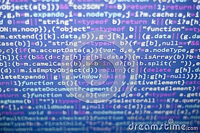 Minificated javascript code. Computer programming source code abstract screen of web developer. Stock Photo