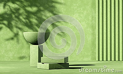 Minimal abstract background with 3D concrete podium display with green leaves Stock Photo