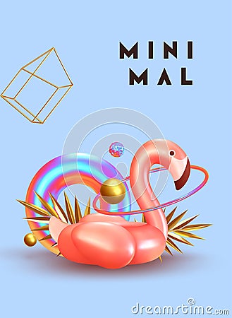 Minimal Abstract Background with 3d objects, pink bird flamingo, shape torus lifebuoy color gradient, golden balls and Vector Illustration