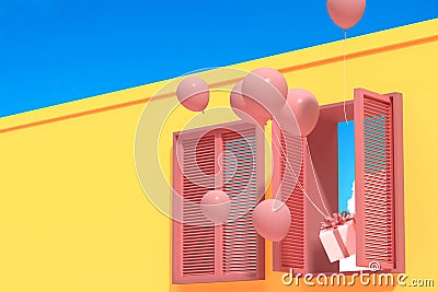 Minimal abstract building with pink window and floating balloons on blue sky background, Architectural design with shade and Stock Photo