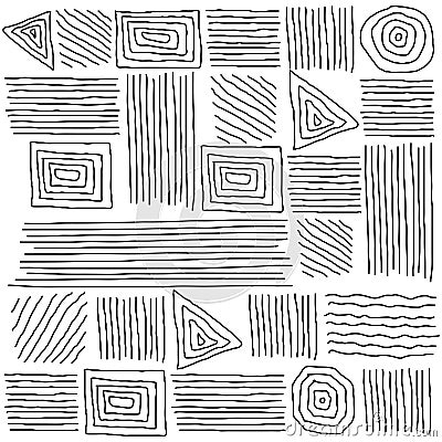 Minimal abstract print of different curved geometric shapes. Collection triangles, squares, circles and curved lines horizontally Vector Illustration