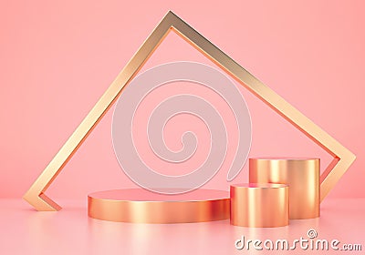 Minimal abstract scene with golden podium and golden frame Stock Photo