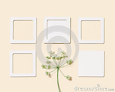 Minimal background with flower and pink paper sticky for notes or messages, empty blank small papers for text reminders Stock Photo