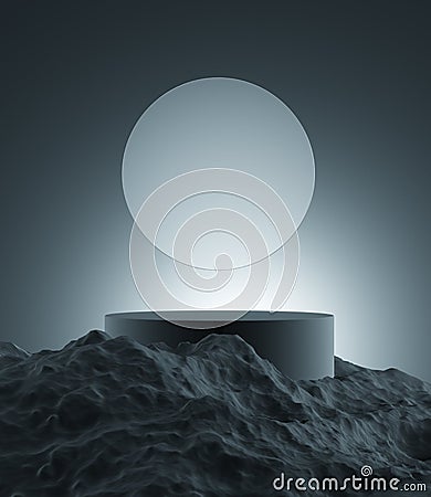podium minimal black dark circle rough surface rock meteorite mountain volcanic light shadow platform product display. Cartoon Illustration