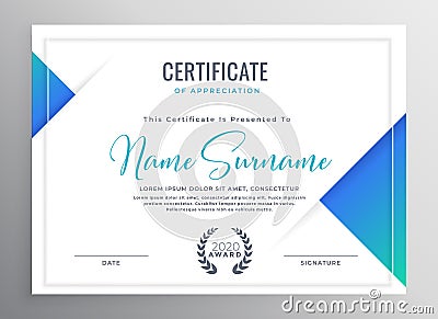 Minimal blue triangle certificate template design Vector Illustration