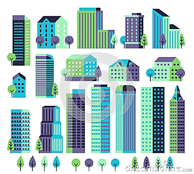 Minimal buildings. Buildings and skyscrapers, commercial offices for modern architectural landscape with trees. City Vector Illustration