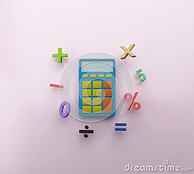 Minimal calculator with math function symbols 3D render illustration Cartoon Illustration