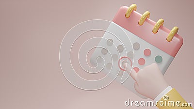 Minimal calendar icon with hand isolate on soft pink background. Paper calendar icons. Calendar date icon. 3D rendering Cartoon Illustration