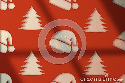 Minimal Christmas wallpaper on texture wall with Santa's hat and trees as pattern. Cartoon Illustration