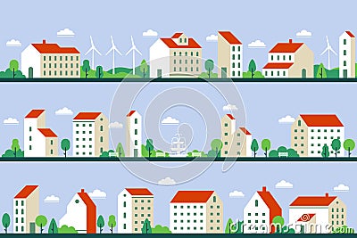 Minimal city panorama. Townhouses buildings, townscape and cityscape building geometric style flat vector illustration Vector Illustration