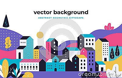 Minimal cityscape. Flat geometric background with buildings leaves treas and fields, nature environment vector landscape Vector Illustration