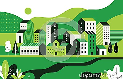 Minimal cityscape. Flat landscape with geometric buildings and nature environment, city street pattern. Vector geometry Vector Illustration