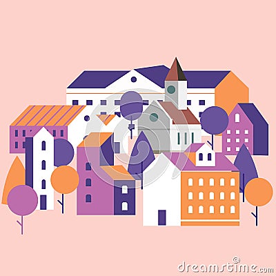 Minimal cityscape. Flat town houses with eco nature environment, modern geometric buildings. Cityscape background, vector Vector Illustration