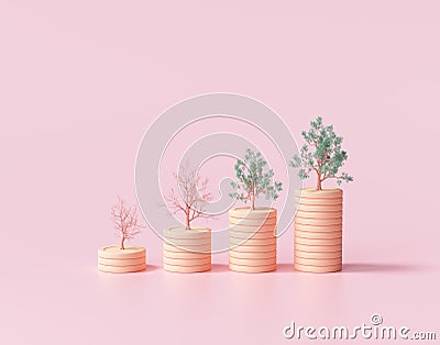 Minimal Coin stacks growing graph with trees on pink background. Growing trees on coin stacks, Business investment and saving Cartoon Illustration