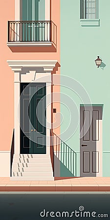 Minimal Colonial Architecture: Street Houses Art Illustration Cartoon Illustration