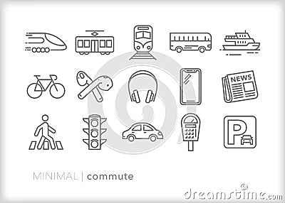 Commute icons for getting to work or home by car, train, bus, walking or cycling Vector Illustration